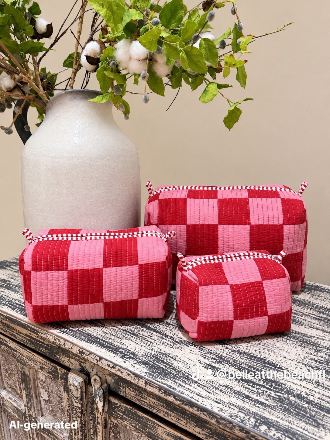 Set of 3 Makeup Bags - Striped Orange / Pink with Gold Leopards