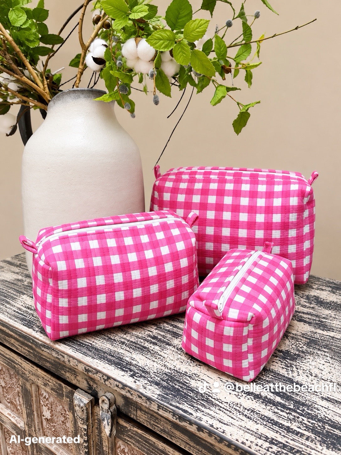 Set of 3 Makeup Bags - Striped Orange / Pink with Gold Leopards