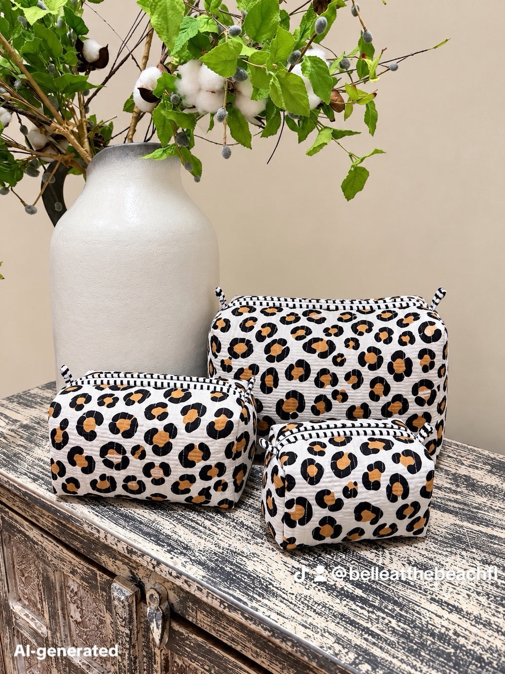 Set of 3 Makeup Bags - Striped Orange / Pink with Gold Leopards
