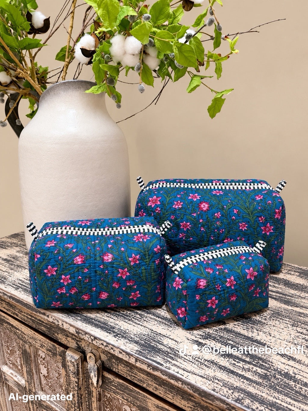Set of 3 Makeup Bags - Striped Orange / Pink with Gold Leopards
