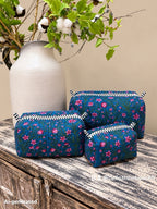 Set of 3 Makeup Bags - Striped Orange / Pink with Gold Leopards