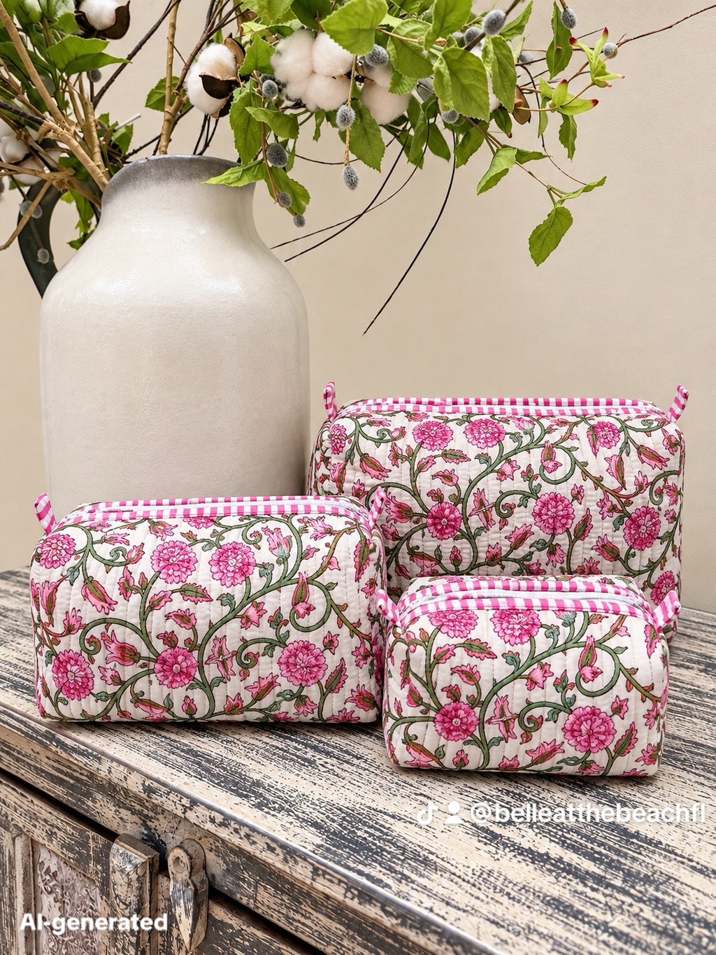 Set of 3 Makeup Bags - Striped Orange / Pink with Gold Leopards