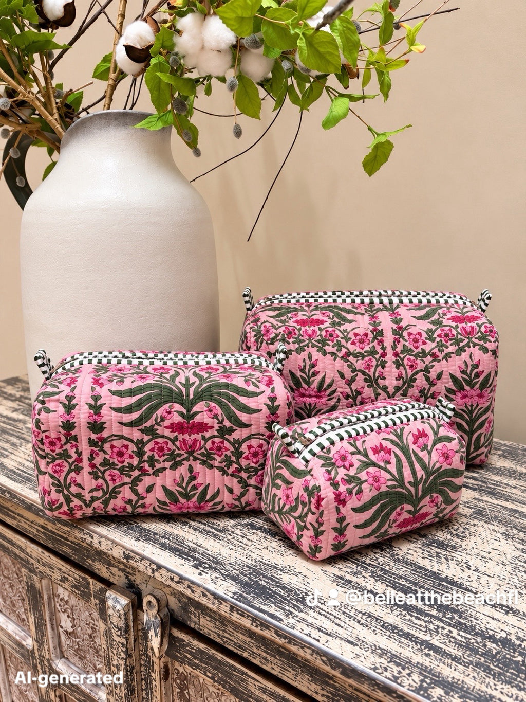 Set of 3 Makeup Bags - Striped Orange / Pink with Gold Leopards
