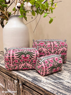 Set of 3 Makeup Bags - Striped Orange / Pink with Gold Leopards