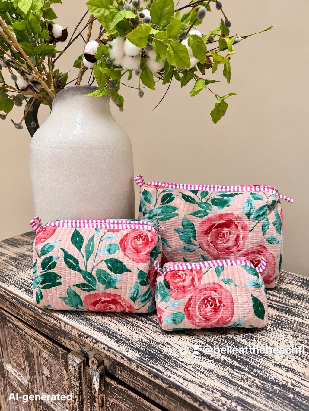 Set of 3 Makeup Bags - Striped Orange / Pink with Gold Leopards