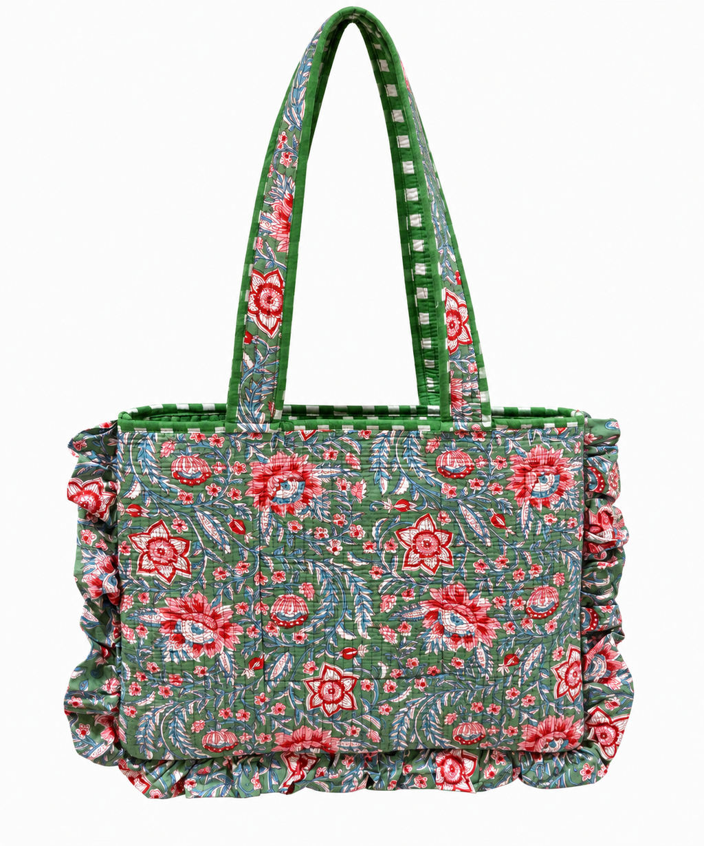Green Floral Ruffle Tote