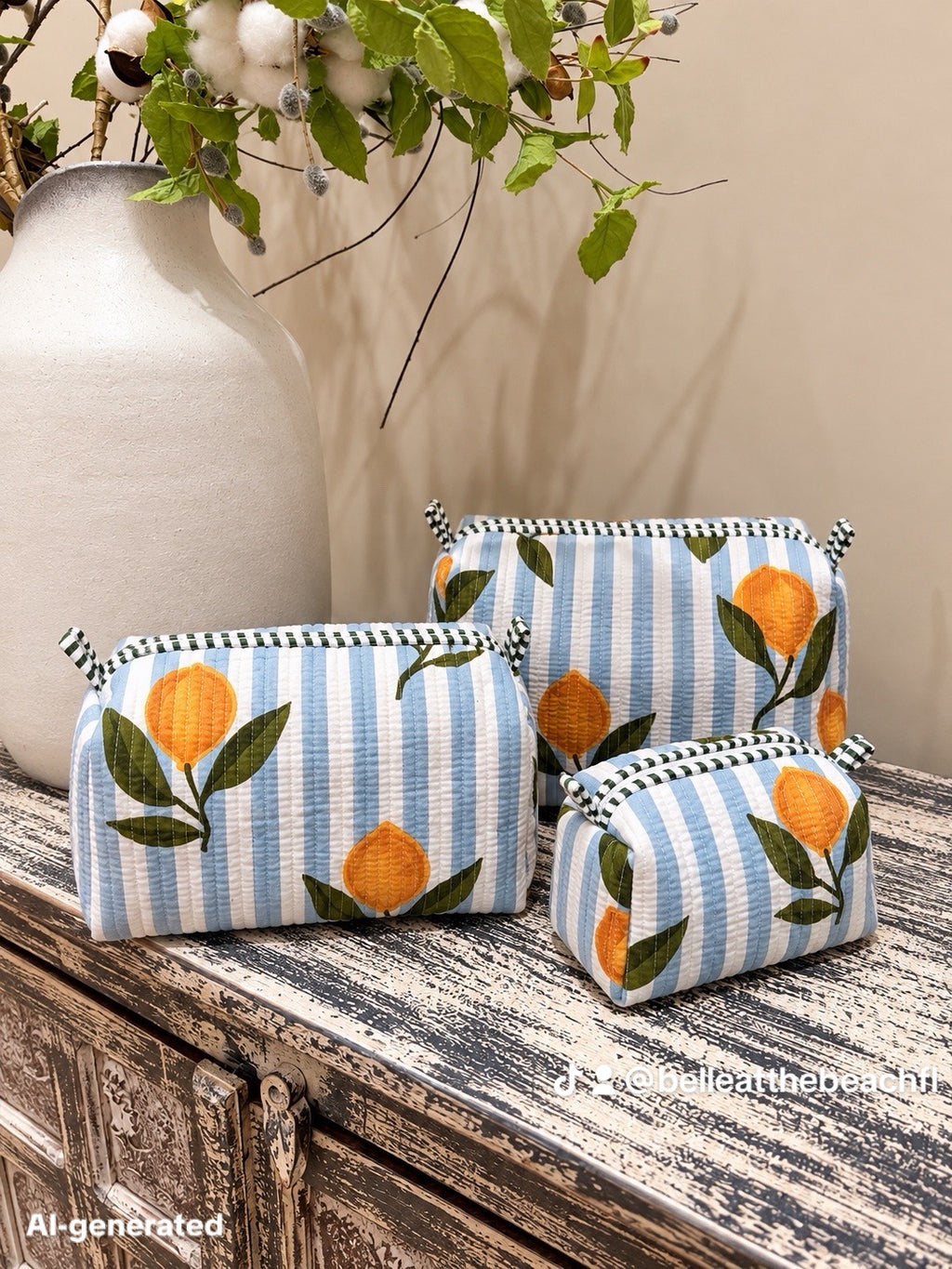 Set of 3 Makeup Bags - Striped Orange / Pink with Gold Leopards