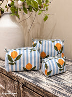Set of 3 Makeup Bags - Striped Orange / Pink with Gold Leopards