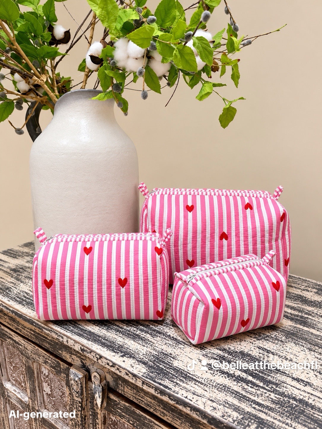 Set of 3 Makeup Bags - Striped Orange / Pink with Gold Leopards