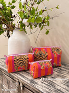 Set of 3 Makeup Bags - Striped Orange / Pink with Gold Leopards