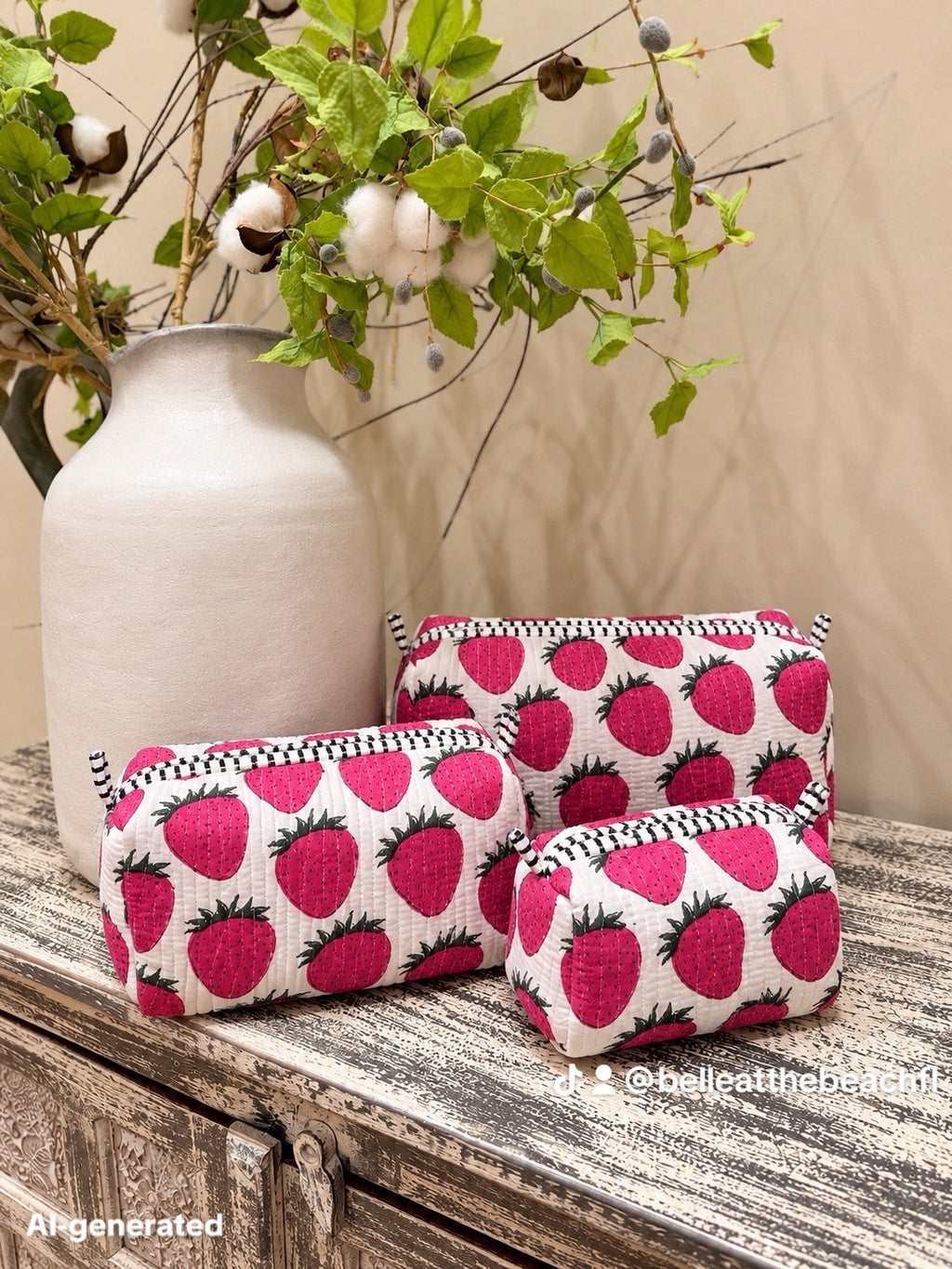 Set of 3 Makeup Bags - Striped Orange / Pink with Gold Leopards