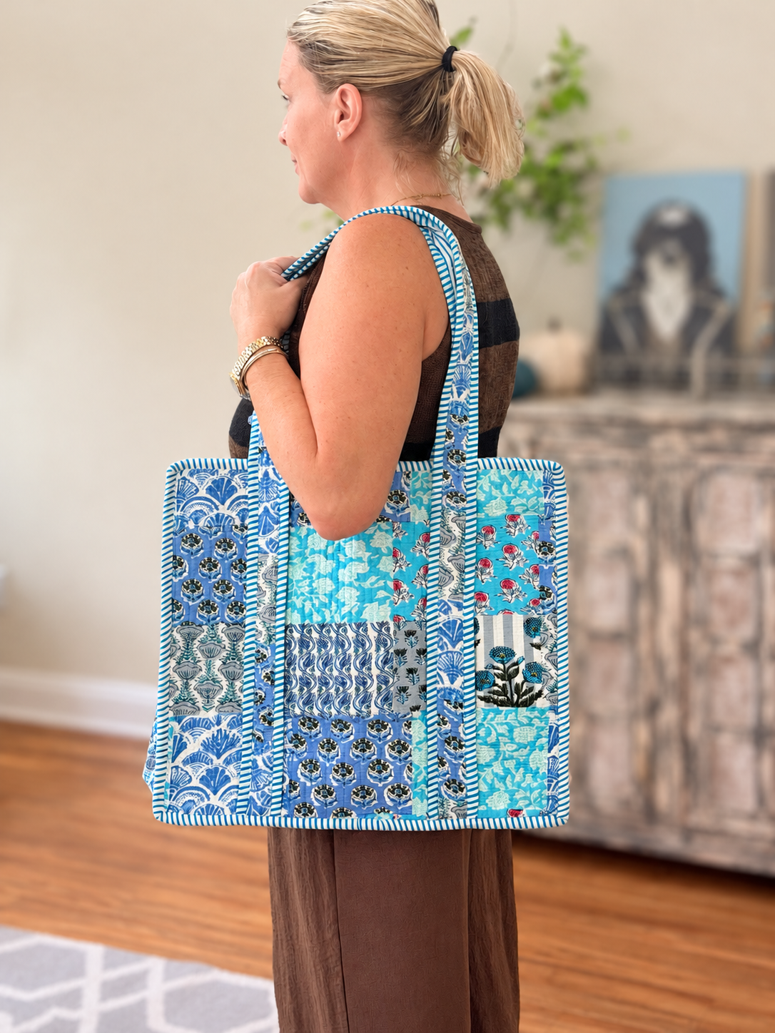 Blue Patchwork - Large Tote Bag