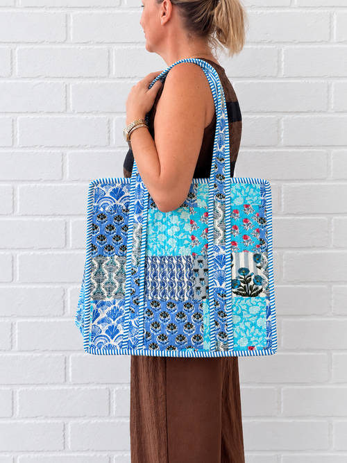 Blue Patchwork - Large Tote Bag