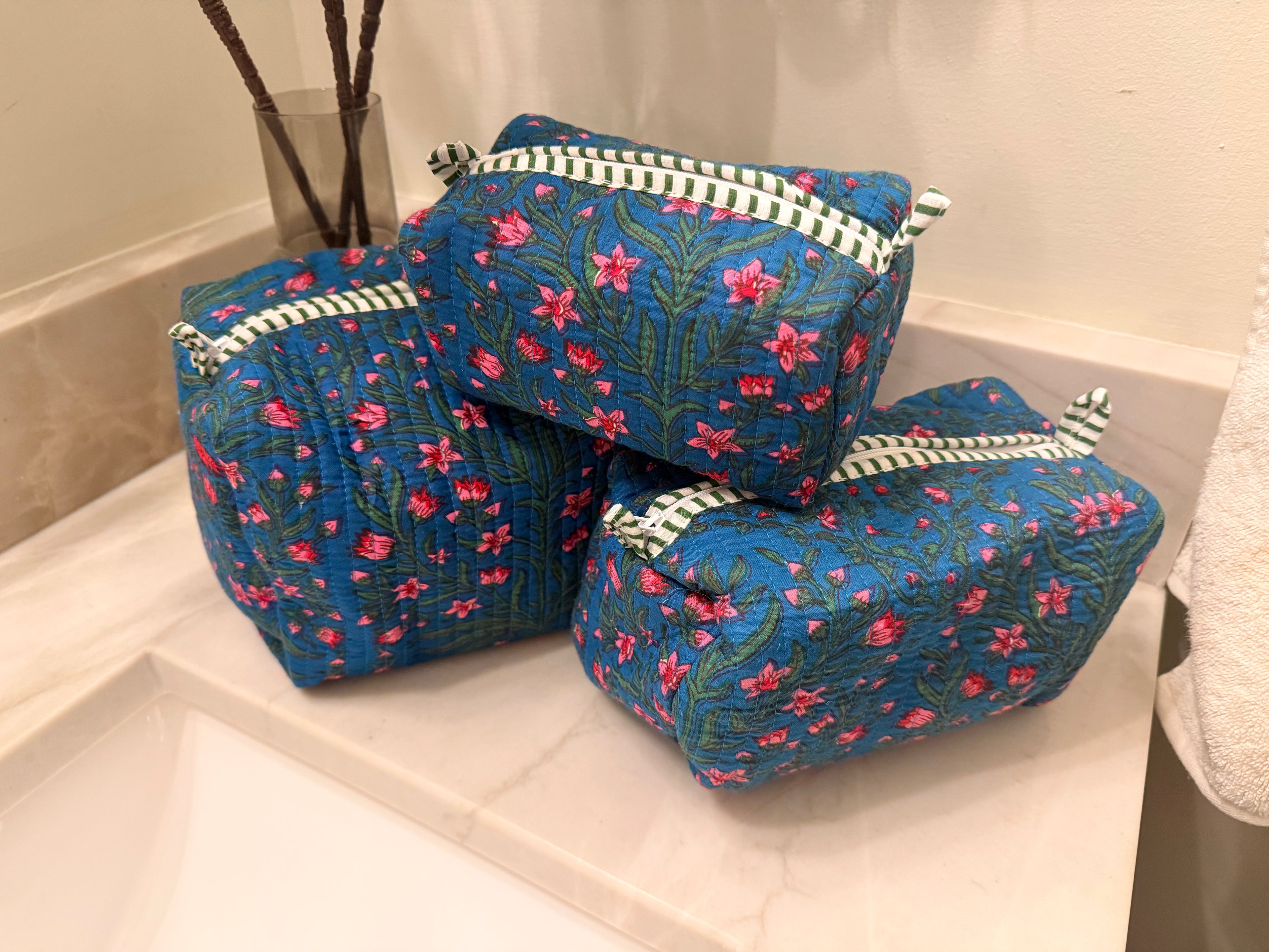 Blue Floral Makeup Bags (Set of 3)
