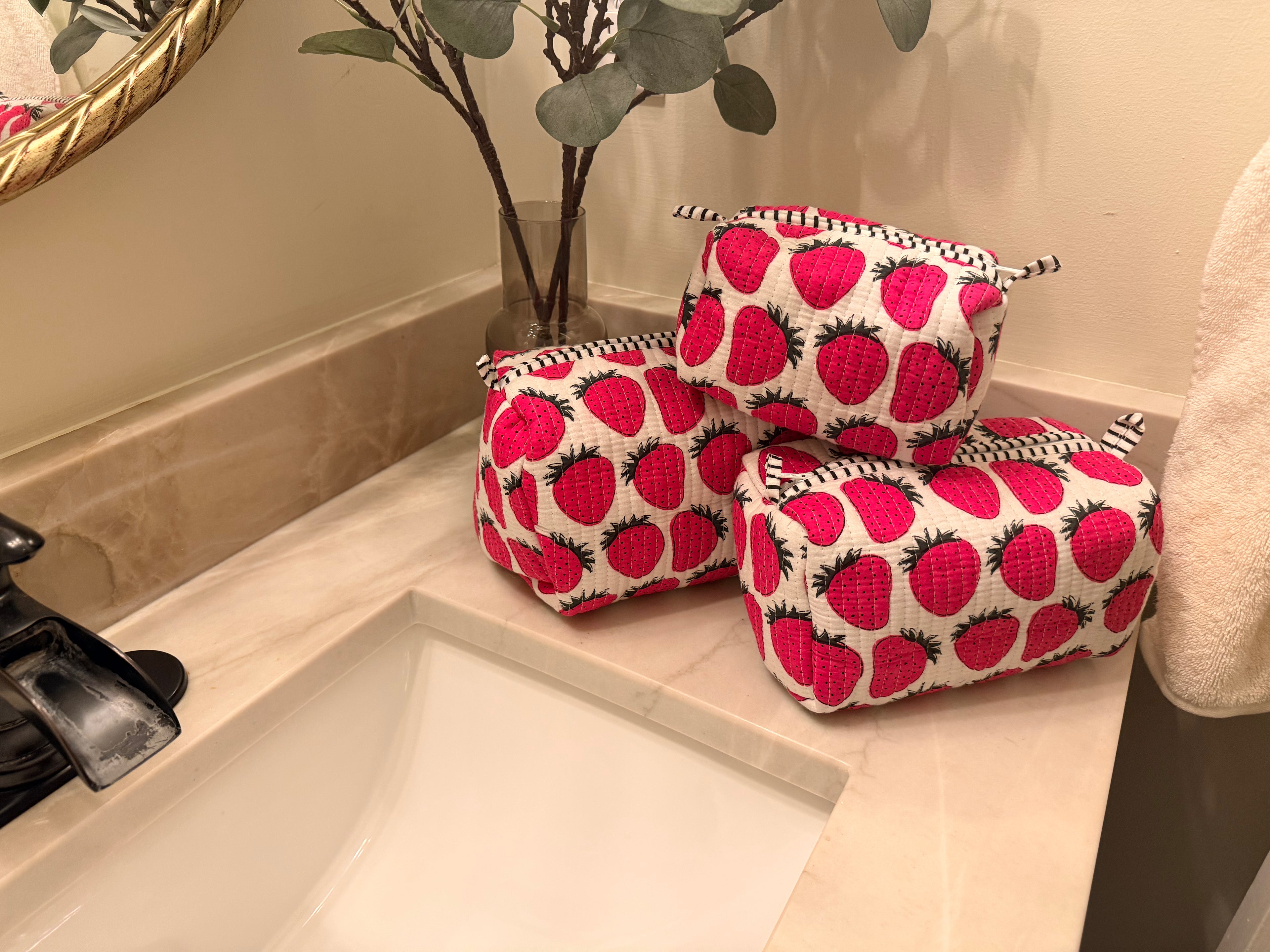 Pink Strawberry Makeup Bags (Set of 3)